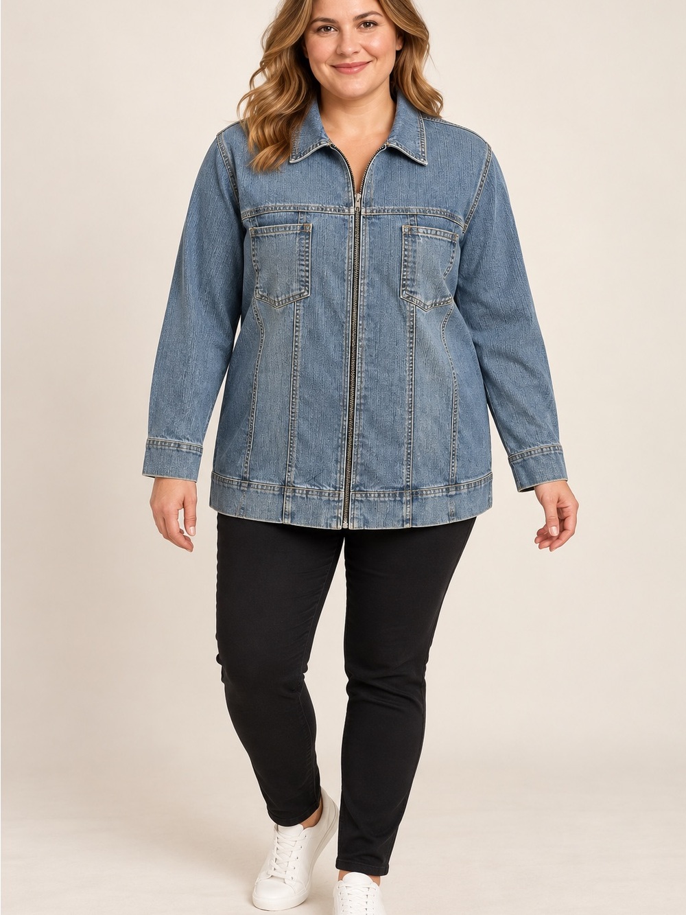 Avenue Denim Lite Zip-Up Jean Jacket in Blue. New With Tag